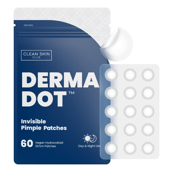 Clean Skin Club 60 Invisible Vegan Pimple Patches Derma Dot Hydrocolloid For Covering Zits Blackhead Blemish Absorbing Face Cover Sticker Skincare Treatment Non Toxic Ingredients