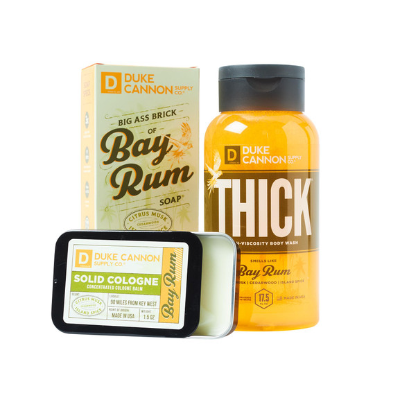 Duke Cannon Supply Co. Bay Rum Bender Bundle For Men - Thick High-Viscosity Body Wash Big Brick Of Soap Bar & Solid Cologne (Citrus Musk Cedarwood Island Spice Scent)