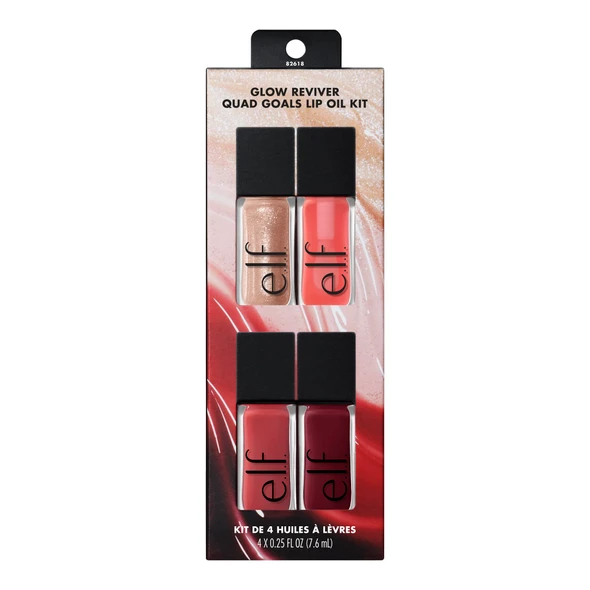 E.L.F. Glow Reviver Quad Goals Lip Oil Kit 4 Hydrating Non-Sticky Glossy Tinted Lip Oils Lip Gloss Set Moisturizing Lip Care Vegan & Cruelty-
