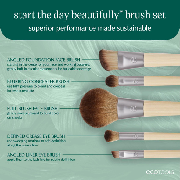 Ecotools 6 Piece Start The Day Beautifully Makeup Brush Set Makeup Brushes For Eyeshadow Blush Concealer & Foundation Application Eco-Friendly Set Synthetic Hair Vegan & Cruelty-