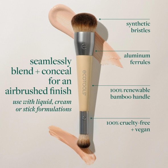 Ecotools Blend + Conceal Dual-Ended Makeup Brush Foundation & Concealer Brush For Liquid & Cream Formulas Face Makeup Brush Synthetic Bristles Vegan & Cruelty- Travel & Eco-Friendly 1 Count