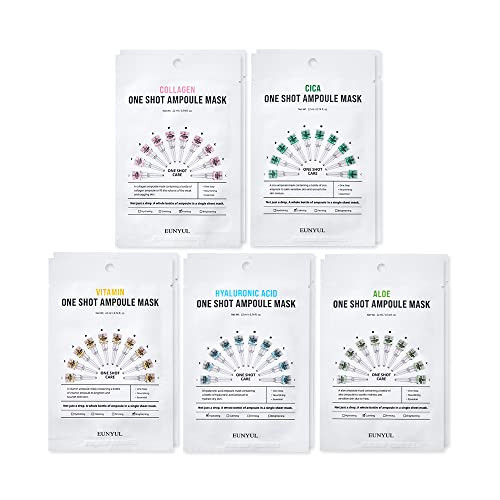 Eunyul One Shot Ampoule Sheet Mask (10-Pack 5 Types 2 Sheets) Hydrating & Soothing Facial Masks With Vitamin Collagen Cica Aloe & Hyaluronic Acid