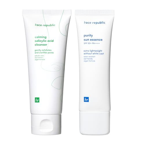 Face Republic Acne Clear & Protect - Calming Acne Salicylic Cleanser + Purity Sun Essence Salicylic Acid Centella Asiatica Foam Cleanser Spf 50 Broad Spectrum Uv Sunscreen Vegan Korean Skincare