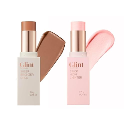 Glint By Vdivov Bronzer & Highlighter Duo Stick Set Caramel Contour Stick + Rosy Moon Illuminator Buildable Blendable Long-Lasting Korean Makeup For Natural Glow & Definition Eyes Nose Lips Face Cheeks