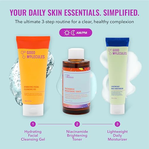 Good Molecules Cleanse Tone & Moisturize Skincare Set Hydrating Facial Cleansing Gel (200Ml) Niacinamide Brightening Toner (120Ml) & Lightweight Daily Moisturizer (100Ml)
