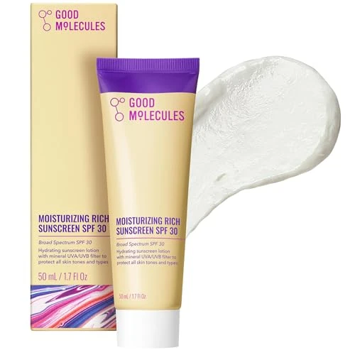 Good Molecules Moisturizing Rich Sunscreen Spf 30 Mineral Zinc Oxide Face Sunscreen - Hydrating Fragrance- No White Cast Broad Spectrum Uva/Uvb Protection - 50 Ml / 1.7 Fl Oz