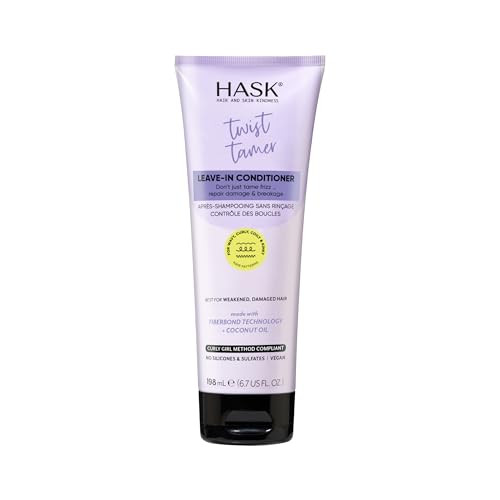 Hask Twist Tamer Leave-In Conditioner With Fiberbond Technology & Coconut Oil For Wavy Curly Coily & Kinky Hair Strengthens Reduces Frizz Boosts Hydration Vegan Sulfate- 6.7 Fl Oz
