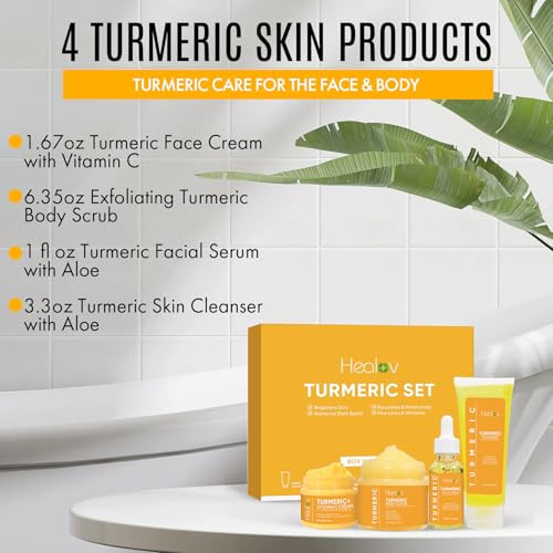 Healov Turmeric Skincare Set - Turmeric Skin Care Products Brightening & Acne - Turmeric Skin Care Kit Turmeric Skin Care Set - Turmeric Cleanser Body Scrub Face Cream & Facial Serum