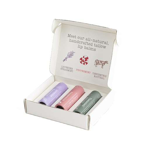 Hearth And Homestead: Handmade Tallow Lip Balm Collection: Unscented/Peppermint/Lavender-Spearmint (3X .33 Oz)