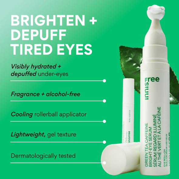 Innisfree Green Tea Caffeine Depuffing Eye Serum With Niacinamide Cooling Korean Eye Roll-On For Hydration And Brightening