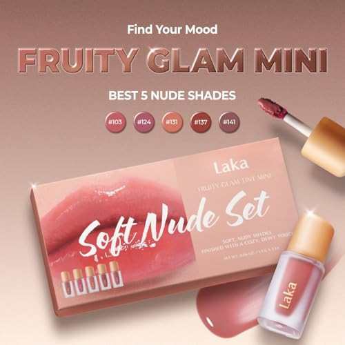 Laka Light Fruity Glam Tint Mini Set 1.9G/0.07Oz 5Ea Set For Women Hydrating & Glowy Finish Lightweight & Comfortable Buildable Color Non-Sticky Vegan K-Beauty (Soft Nude)