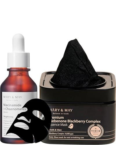 Mary&May Niacinamide + Chaenomeles Sinensis Face Serum + Premium Idebenone Blackberry Complex Essence Mask Bundle