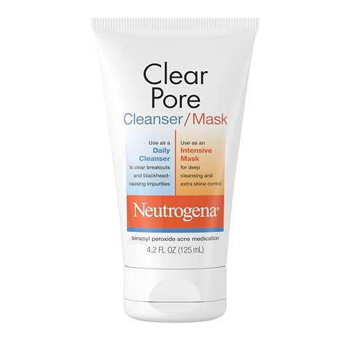 Neutrogena Clear Pore 2 In 1 Facial Cleanser/Face Mask With Kaolin & Bentonite Clay & 3.5% Benzoyl Peroxide Acne Treatment Medication Daily Face Wash & Shine Control Clay Mask 4.2 Fl. Oz 3 Pack