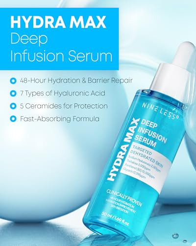 Nineless Hydra-Max Deep Infusion Serum 48Hr Korean Hydrating Face Serum With Hyaluronic Acid Panthenol - 5 Ceramides -Deep Moisture Fast Absorbing All Skin Types 1.69 Fl.Oz