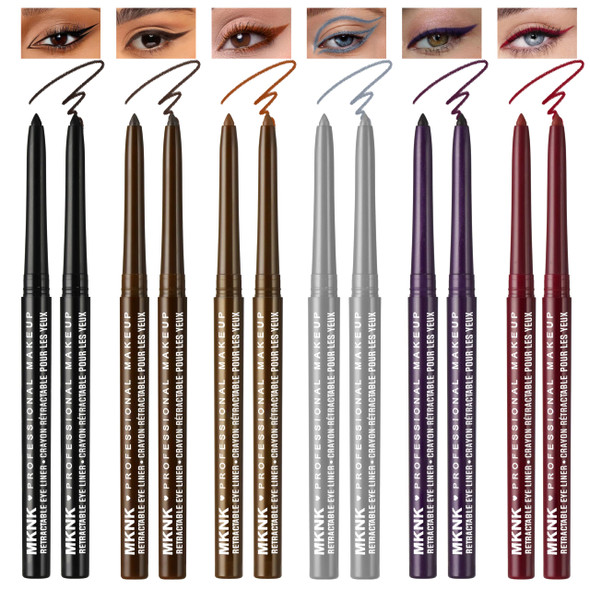 Noerrors 12Pcs Retractable Gel Eyeliner Set Black Brown Silver Grey Plum Purple Burgundy Waterproof Eye Liner Pencil For Older Women No Smudge Long Lasting Pigmented Matte&Metallic Creamy Eyeshadow