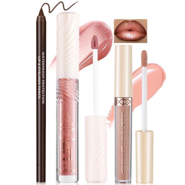 Noerrors 3 In 1 Nude Peach Lip Kit With Beige Liquid Lipstick Hydrating Lip Gloss Liner Trio Matte Velvet Lip Glaze Moisturizing Lip Gloss And Creamy Lip Pencil Set Long Wear Glossy Pale Lip Combo