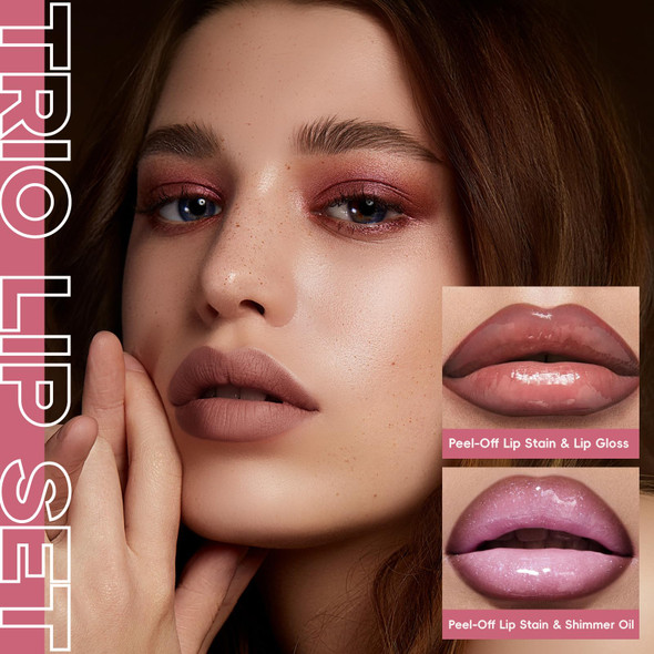 Noerrors 3Pcs Peel Off Lip Liner Stain And Lip Gloss Combo Set Moisturizing Long Lasting Waterproof Pink Transferproof Lip Gloss Shimmer Lip Oil Kit Matte Lip Tattoo Glossy Lip Stains For Women