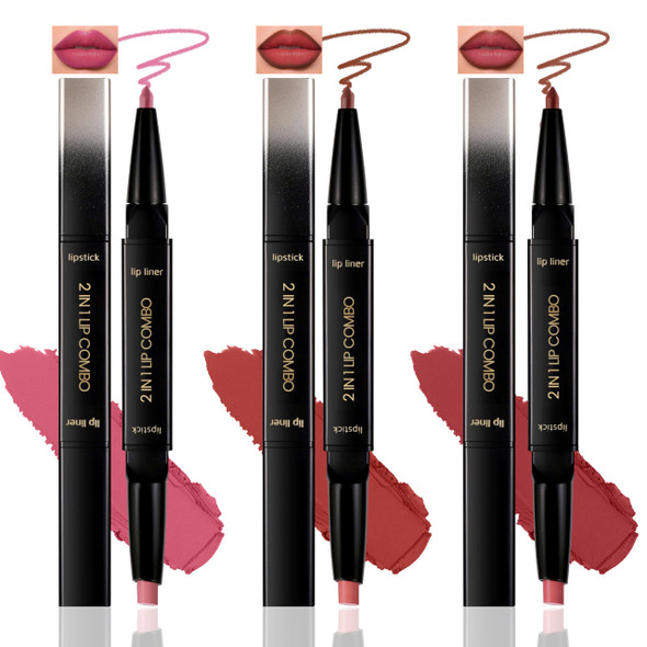 Noerrors 3Pcs Ombre Matte Lip Liner And Lipstick Combo Set Lip Kit With Brown Lip Pencil And Peach Pink Coral Pink Dark Rose Red Lipstick For Women Velvety Smooth Lightweight Non Drying Lip Makeup