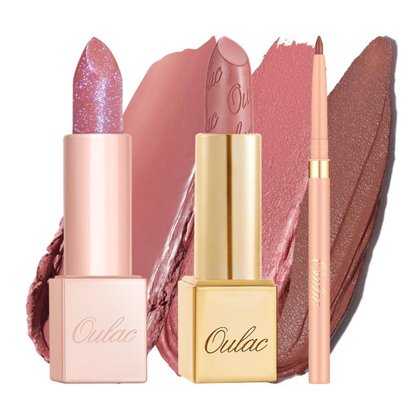Oulac Nude Pink Lipsticks Set Included Metallic Lipstick Shimmer Lipstick And Lip Liner Msl13+Pg05+El06