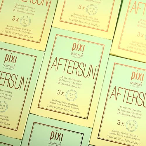 Pixi Beauty Aftersun Sheet Mask Instant Calming & Soothing Skin Treatment Aloe Vera Cucumber & Chamomile Cooling Mask 3 Masks Per Box 3 X 0.80 Oz / 23 Gm