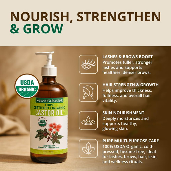 Rejuvenaturals Castor Oil (16Oz Glass Bottle) Usda Organic 100% Pure Cold Pressed Hexane . Boost Hair Growth For Thicker Fuller Hair Lashes & Eyebrows