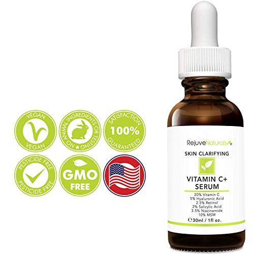 Rejuvenaturals Vitamin C Serum Plus 5% Hyaluronic Acid 2.5% Retinol 2% Salicylic Acid 3.5% Niacinamide 10% Msm 20% Vitamin C - Anti Aging Anti Wrinkle Skin Clearing Serum Organic Skin Care For Face And Eyes 1Oz