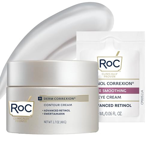 Roc Derm Correxion Neck Cream With Hyaluronic Acid + Advanced Retinol To Visibly Tighten & Lift Horizontal Neck Lines Facial Moisturizer To Contour Face (1.7 Oz) With Roc Retinol Eye Packette