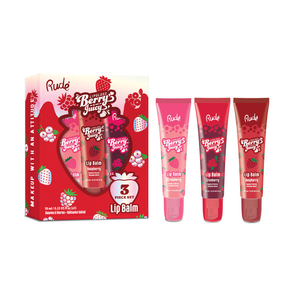 Rude Cosmetics Berry Juicy Lip Balm Trio Set - Tinted & Moisturizing Lip Treatment With Shea Butter & Jojoba Oil - Hydrating Vegan & Cruelty- 3-Piece Value Pack (Strawberry/Raspberry/Cranberry)