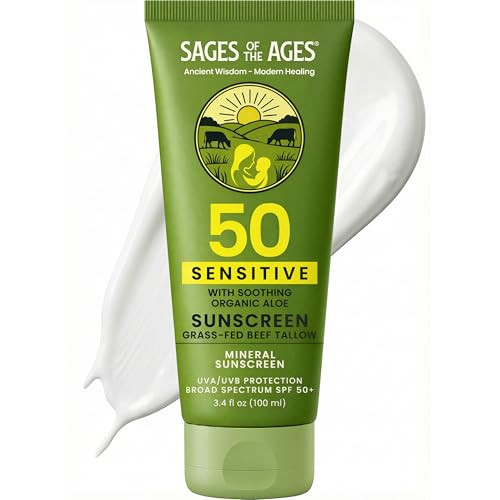 Sages Of The Ages Organic Tallow Mineral Sunscreen Spf 50 With Non-Nano Zinc Oxide Reef Safe Uva/Uvb Broad Spectrum Sunblock Water Resistant 80 Min Moisturizing Lotion For Face & Body 3.4 Fl Oz