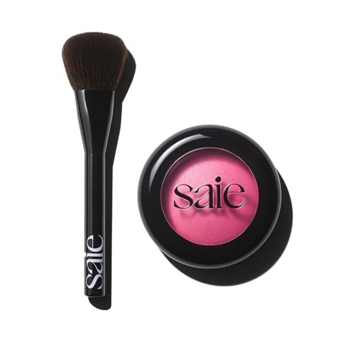 Saie Blush & Brush Duo - Supersuede Baked Blush In Amore (.01 Oz) & Powder Blush Brush - Talc- Moisturizing Blush With Vegan Fluffy Brush For Seamless Application