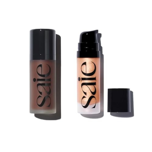 Saie Radiant Glow Duo - Dew Bronze Soft-Focus Liquid Bronzer In Sail (0.4 Oz) & Mini Glowy Super Gel Lightweight Illuminator In Sunglow (0.5 Oz) Hydrating Makeup Essentials For A Sun-Kissed Glow
