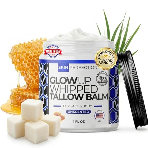 Skin Perfection Glow Up Whipped Tallow Balm Unscented Beef Tallow Moisturizer For Face Hands Body 100% Grass-Fed Manuka Honey Whipped Texture 4 Oz