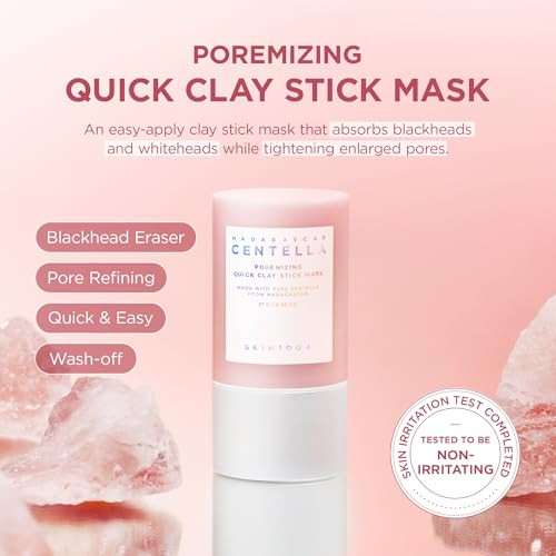 Skin1004 Poremizing Quick Clay Stick Mask Face Mask Skincare For Pore Minimizing Facial Clay Mask With Centella Pore Minimizer For Sebum Control Pink Mud Mask Korean Skin Care 0.95 Oz / 27G