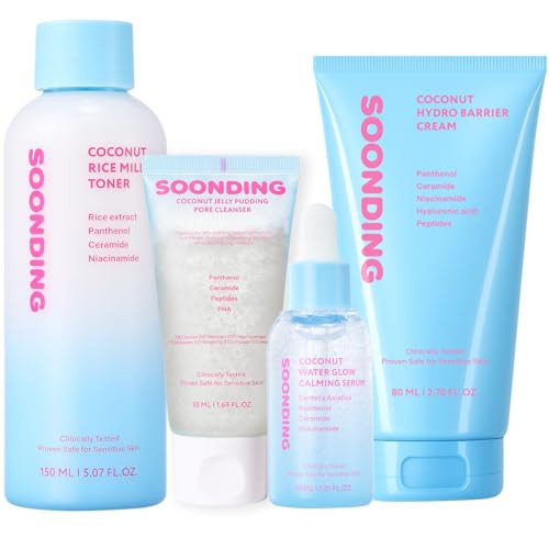 Soonding K-Beauty Glass Skin 4-Step Set - Jelly Pudding Pore Cleanser 50Ml Rice Milk Toner Calming Serum Barrier Cream