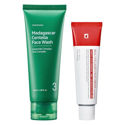Tosowoong Cleanse & Firm Routine - Madagascar Centella Pore Cleansing Foam + 73% Real Collagen Face Cream - Daily Soothing & Elasticity Boosting K-Beauty Set