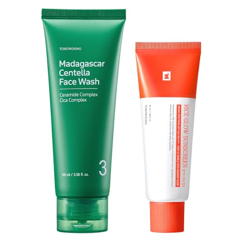 Tosowoong Morning Essentials Set - Madagascar Centella Mochi Cleanser For Pores & Rice Glow Sunscreen Spf 50+ Soothing Face Wash And Hydrating Uv Protection Bundle