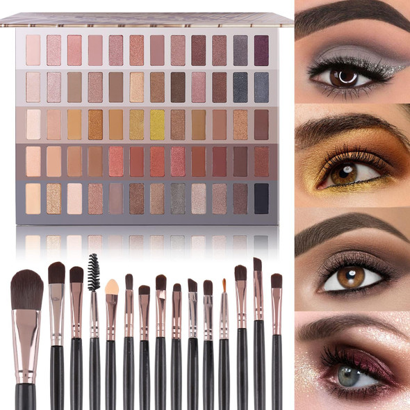 Ucanbe 60 Colors Eyeshadow Palette + Makeup Brush Set All In One Nude Neutral Smokey Makeup Pallet With Brushes Pigmented Warm Matte Shimmer Powder Eye Shadows Cosmetic Halloween Beauty Kit