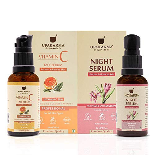 Upakarma Vitamin C Face Serum 30Ml And Night Serum With Saffron 30Ml //Support Restore And Renews Your Skin With Hyaluronic Acid Vitamin E Saffron And Aloe Vera - Pack Of 2 (Ultimate Combo)