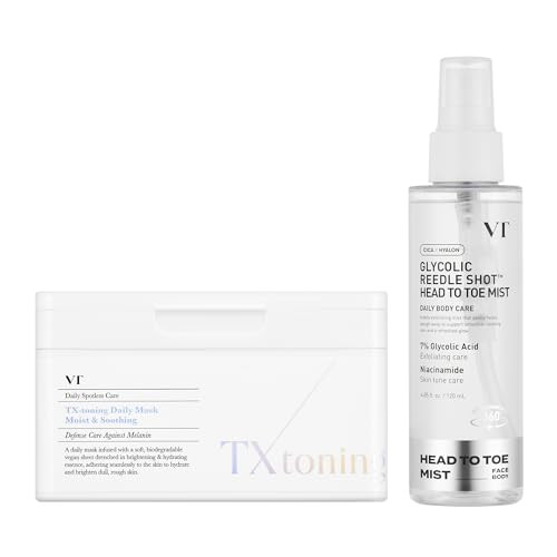 Vt Cosmetics Bundle Tx Toning Daily Mask 30 Sheets & 7% Glycolic Acid Reedle Shot Head-To-Toe Mist