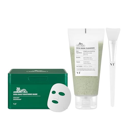 Vt Cosmetics Bundle Cica Daily Soothing Mask & Cica Mask Cleanser With Brush Centella Asiatica & Hyaluronic Acid For Hydrating Gentle On Acne-Prone & Sensitive Skin Korean Skincare
