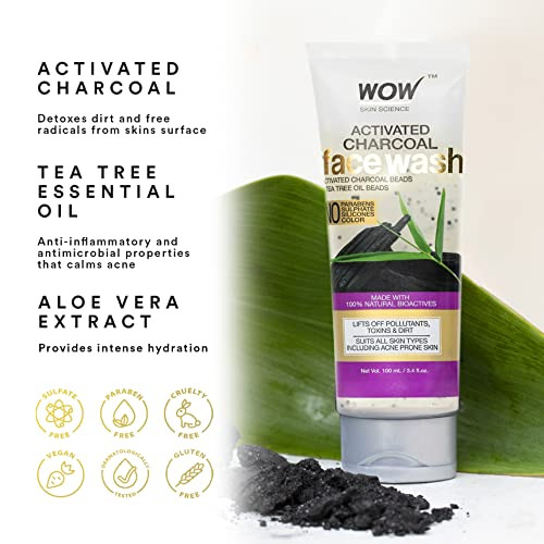 Wow Skin Science Activated Charcoal Face Wash - Deep Cleanser For Normal Dry Oily Skin & Acne Pore Minimizer Men Women - Daily Facial Wash Exfoliating Moisturizer - Sulfate Paraben 100Ml