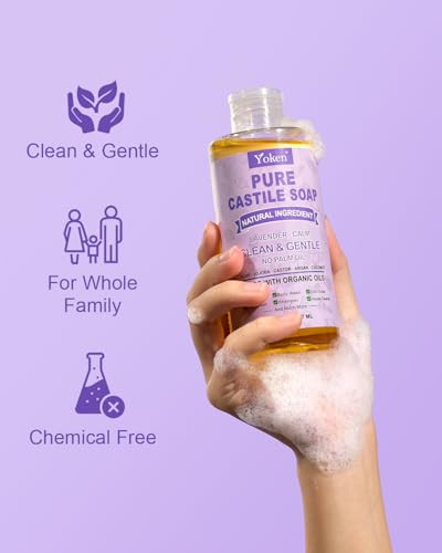 Yoken Pure Castile Soap Liquid Lavender 8 Oz Made With Organic Oils Gentle Lavender Soap For Hands & Body Wash Face Dishes Laundry & More - Vegan & Natural Ingredients Cleanser