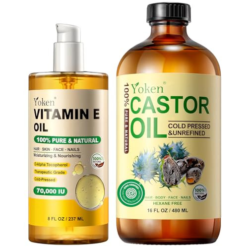Yoken Organic Castor Oil In Glass Bottle 16 Fl Oz & Vitamin E Oil 8 Fl Oz Set 60000 Iu Vitamin E Oil For Scars Skin Hexane Cold Pressed Castor Oil For Hair Eyelashes Face Body Moisturizer