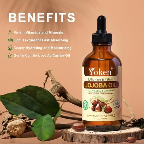 Yoken Jojoba Oil 4Oz & Castor Oil 4Oz Set: In Glass Dropper Bottle 100% Pure & Natural Ewg Verified Organic Cold Pressed Hexane - Best Carrier Oil Hair Oil Facial Oils Deeply Nourishing