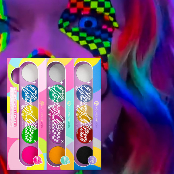 Young Vision 2-Pack Water-Activated Face & Body Paint Palette Set Neon Fluorescent Glow Under Uv And Blacklight Fx Makeup For Face Painting Blacklight Glow Eyeliner And Body Art