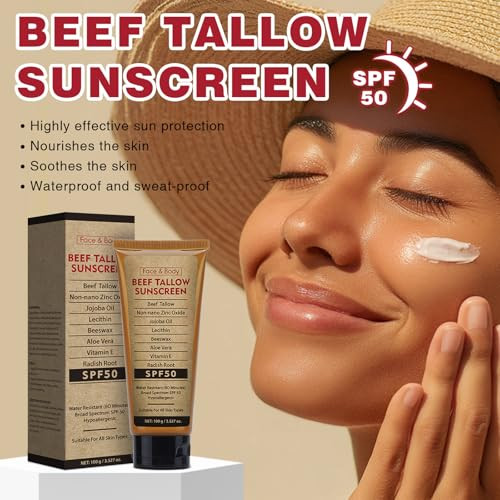 Yunmeng Beef Tallow Sunscreen With Zinc Oxide For Body Facial Non-Toxic Natural Mineral Sunscreen Reef Safe Sunblock Spf 50Clean Non-Greasy (For Sport Or Daily Use) 3.5 Oz