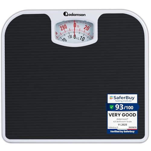 Adamson A21 Analog Scales For Body Weight - Up To 300 Lb - New - Anti-Skid Rubber Surface Large Numbers - Analog Bathroom Scale - Affordable - Durable With 20-Year Assurance - Black