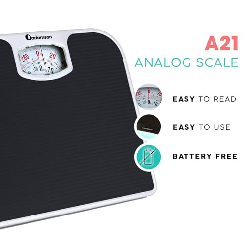 Adamson A21 Analog Scales For Body Weight - Up To 300 Lb - New - Anti-Skid Rubber Surface Large Numbers - Analog Bathroom Scale - Affordable - Durable With 20-Year Assurance - Black