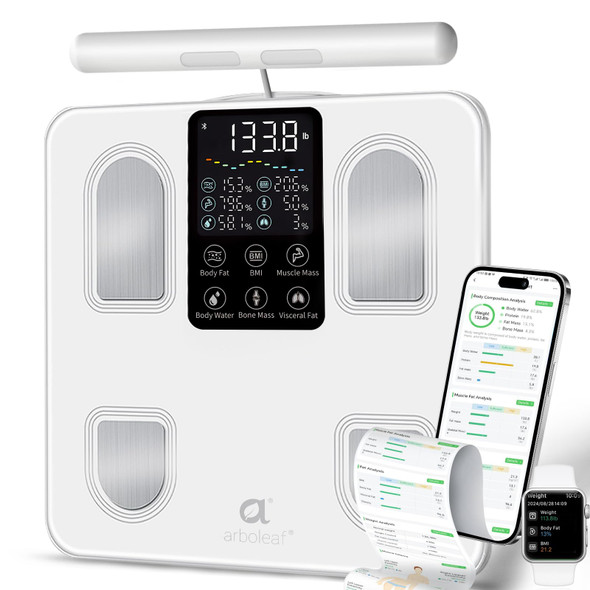 Arboleaf Scale For Body Weight Smart Scale With Bmi Body Fat Muscle Mass Upgrade 50 Metrics Full Body Composition Analyzer 8-Electrode High Precision Digital Bathroom Scale Bluetooth Sync