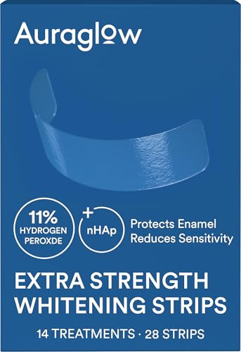 Auraglow Extra Strength Teeth Whitening Strips Strong Whitening Strips 14 Whitening Treatments 11 Hydrogen Peroxide With Nano Hydroxyapatite To Reduce Sensitivity & Protect Enamel 28 Strips Mint
